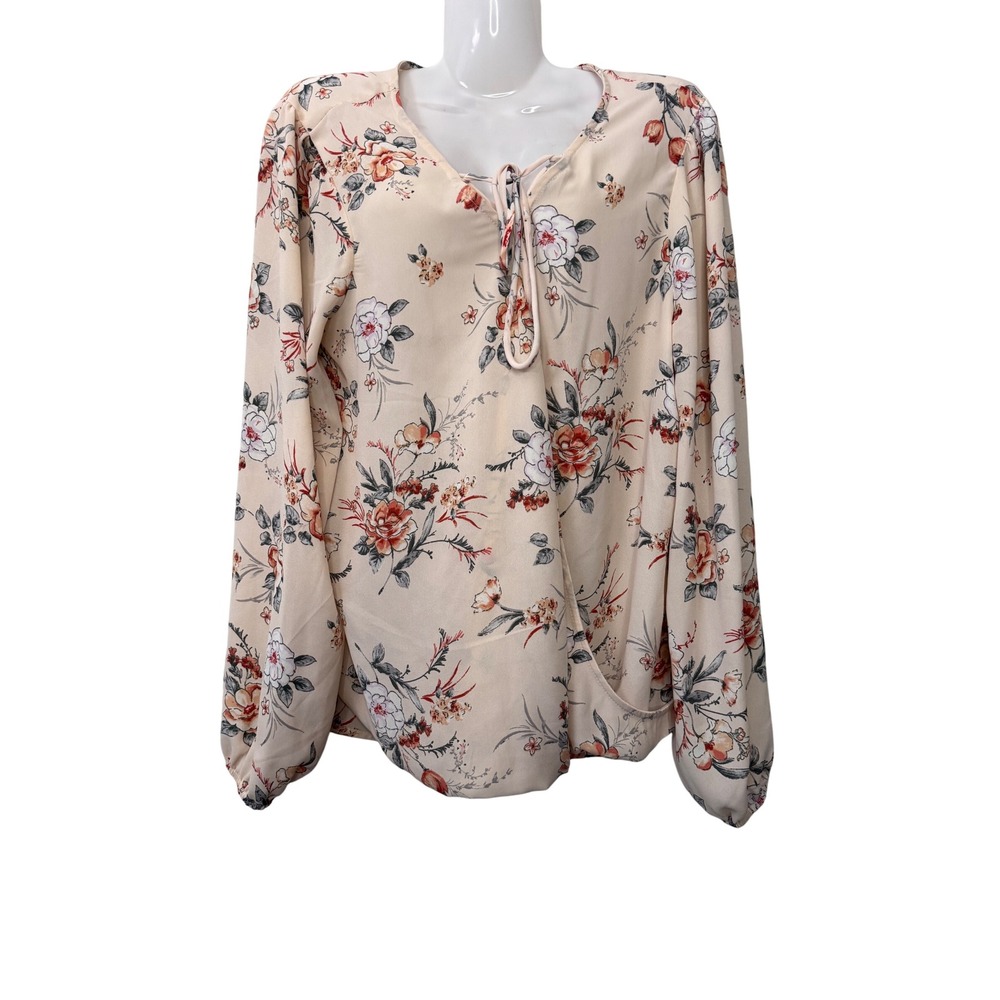 Floral Blouse Long‎ Sleeve Tie Neck Lightweight Top Elegant Beige Size M